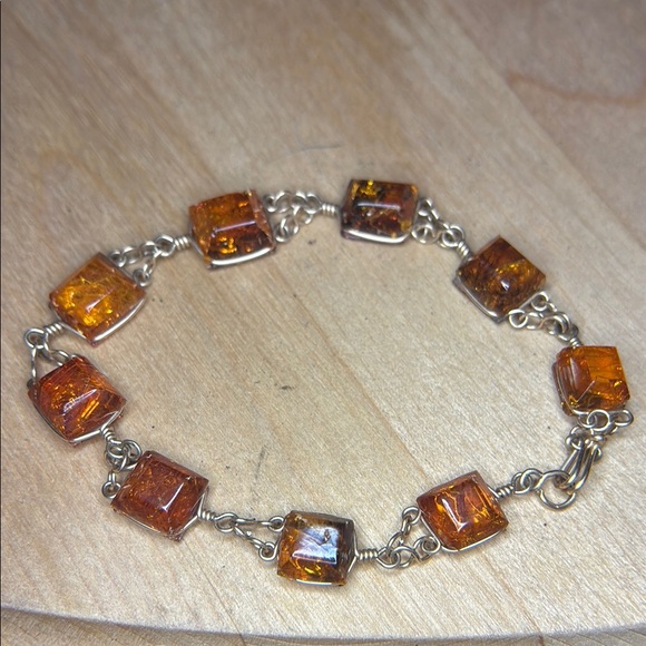 Jewelry - Sterling Silver Square Amber Link Bracelet Genuine Baltic Amber Vintage Style